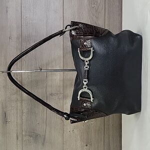 Brighton Black Shoulder Bag with Dark Brown Croc Trim and Silver Hardware
